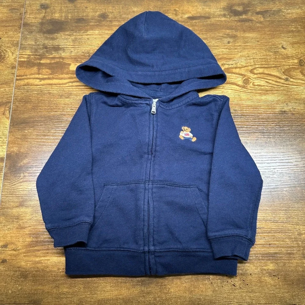 Ralph Lauren Polo Bear‎ Full Zip Hoodie Navy Blue Toddler 18M Flag Sweatshirt